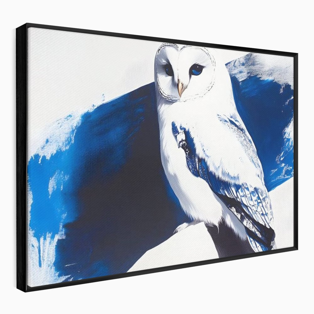 Tablou canvas cu tablou canvas cu bufnita alba, in rama de aluminiu negru